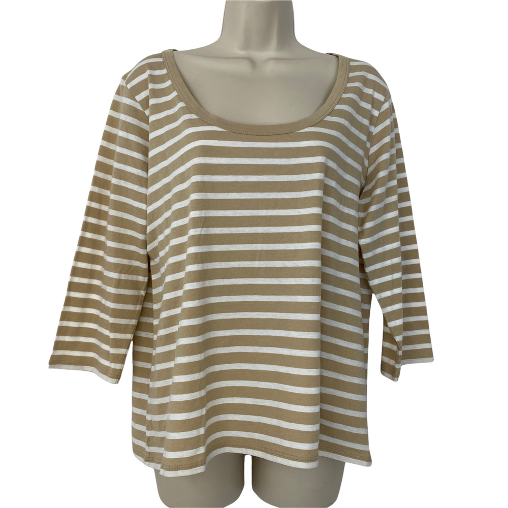 Fresh Produce Top Womens Large Striped T-Shirt Tan White 3/4 Sleeve Scoop Neck L